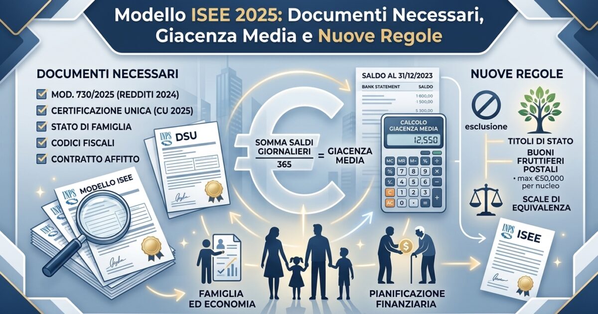 L'attestazione ISEE (Indicatore della Situazione Economica Equivalente) è il documento indispensabile per accedere a prestazioni sociali agevolate, borse di studio universitarie, Assegno Unico e bonus asili nido. Quali anni considerare per l'ISEE 2025? Per l'ISEE 2025 si prendono a riferimento: - **Redditi percepiti nell'anno 2023** (CU 2024 o Modello 730/2024); - **Patrimoni mobiliari e immobiliari posseduti al 31 dicembre 2023** (saldi e giacenze medie di conti correnti, libretti postali, carte prepagate con IBAN, azioni, obbligazioni). Documenti principali da preparare: 1. Codice fiscale e documento d'identità del dichiarante; 2. Codice fiscale di tutti i componenti del nucleo familiare; 3. Contratto di locazione registrato con estremi di registrazione (se il nucleo vive in affitto); 4. Saldo e giacenza media al 31/12/2023 di tutti i rapporti bancari e postali; 5. Visure catastali di immobili e terreni posseduti al 31/12/2023; 6. Targa di autoveicoli e motoveicoli di cilindrata pari o superiore a 500cc. ISEE Universitario e ISEE Minorenni Se richiedi agevolazioni per le tasse universitarie o per minori con genitori non coniugati tra loro e non conviventi, possono essere richiesti moduli integrativi. Con caf365.it puoi allegare i tuoi PDF direttamente da smartphone e ricevere l'attestazione protocollata INPS senza fare code