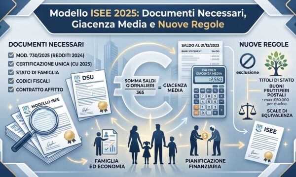 L'attestazione ISEE (Indicatore della Situazione Economica Equivalente) è il documento indispensabile per accedere a prestazioni sociali agevolate, borse di studio universitarie, Assegno Unico e bonus asili nido. Quali anni considerare per l'ISEE 2025? Per l'ISEE 2025 si prendono a riferimento: - **Redditi percepiti nell'anno 2023** (CU 2024 o Modello 730/2024); - **Patrimoni mobiliari e immobiliari posseduti al 31 dicembre 2023** (saldi e giacenze medie di conti correnti, libretti postali, carte prepagate con IBAN, azioni, obbligazioni). Documenti principali da preparare: 1. Codice fiscale e documento d'identità del dichiarante; 2. Codice fiscale di tutti i componenti del nucleo familiare; 3. Contratto di locazione registrato con estremi di registrazione (se il nucleo vive in affitto); 4. Saldo e giacenza media al 31/12/2023 di tutti i rapporti bancari e postali; 5. Visure catastali di immobili e terreni posseduti al 31/12/2023; 6. Targa di autoveicoli e motoveicoli di cilindrata pari o superiore a 500cc. ISEE Universitario e ISEE Minorenni Se richiedi agevolazioni per le tasse universitarie o per minori con genitori non coniugati tra loro e non conviventi, possono essere richiesti moduli integrativi. Con caf365.it puoi allegare i tuoi PDF direttamente da smartphone e ricevere l'attestazione protocollata INPS senza fare code
